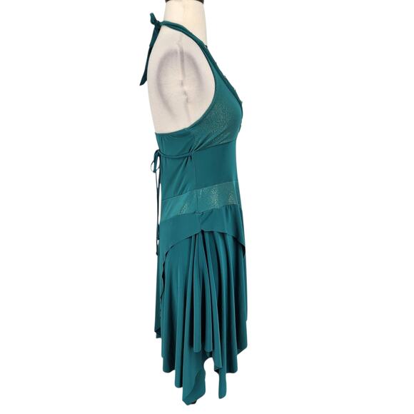 Y2K Fairycore Halter Dress Teal Gold Gem Detail Tiered Handkerchief Hem MED - Picture 7 of 7